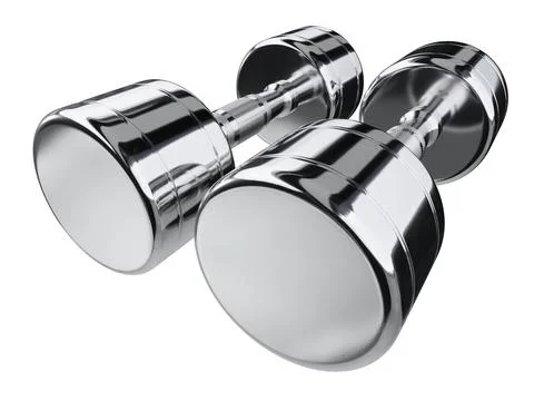 Two blank Round Dumbbells, chrome weightlifting gym equipment wide angle view Stock Illustration