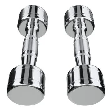 Two blank Round Dumbbells, chrome weightlifting gym equipment top view Stock Illustration