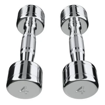 Two blank Round Dumbbells with number 4, chrome weightlifting gym equipment Stock Illustration