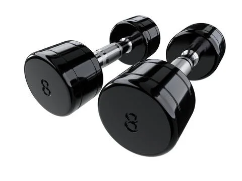Two blank Round Dumbbells with number 8, black weightlifting gym equipment Stock Illustration