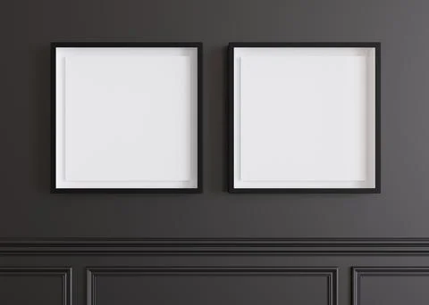 Two blank square picture frames hanging on black wall. Template, mock up for 스톡 일러스트