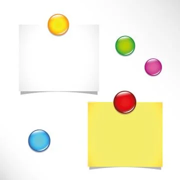 Two blank sticky notes and colorful push pins on a bulletin board Illustrazione stock