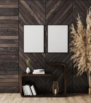 Two Blank vertical black frames on dark wooden wall with shelves with decorat Stock Illustration