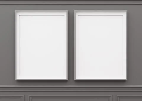 Two blank vertical picture frames hanging on gray wall. Template, mock up for Stock Illustration