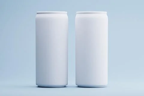 Two blank white cans studio shot, pale blue background, mockup Stock Illustration