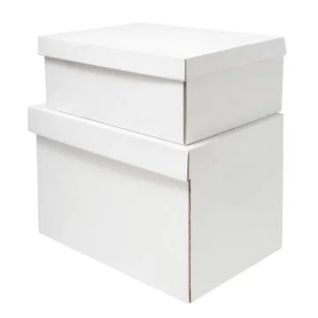 Two blank white cardboard boxes isolated on white background Stock Photos