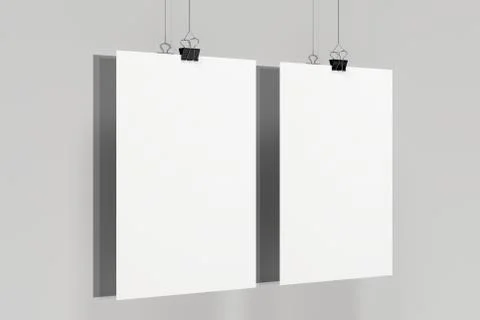 Two blank white posters with binder clip mockup on white background Stock Illustration