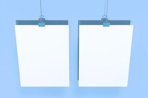 Two blank white posters with binder clip mockup on blue background Stock Illustration