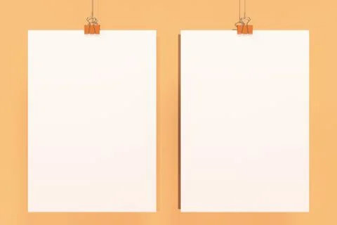 Two blank white posters with binder clip mockup on orange background Stock Illustration