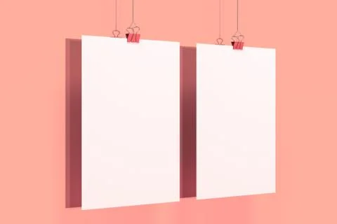 Two blank white posters with binder clip mockup on red background Stock Illustration