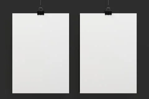 Two blank white posters with binder clip mockup on black background Stock Illustration
