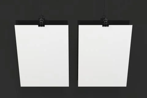 Two blank white posters with binder clip mockup on black background Stock Illustration