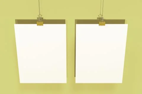 Two blank white posters with binder clip mockup on yellow background Stock Illustration