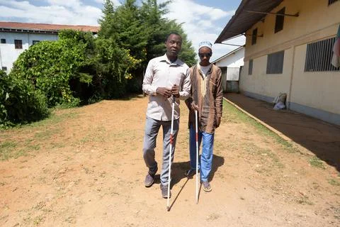 Two blind friends help each other with their white canes by walking toward .. Stock Photos