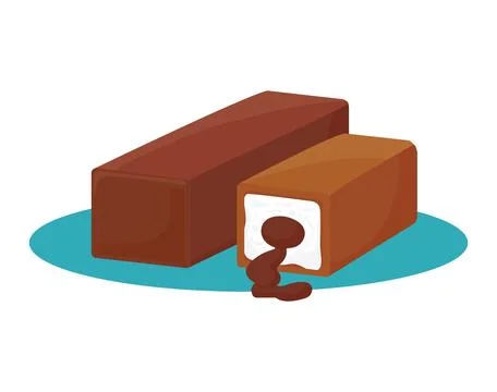 Two blocks of chocolate, one with a bite taken out showing white filling. Sweet Stock Illustration