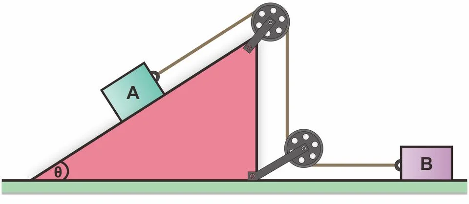 Two blocks linked by rope, on slope and flat plane Stock Illustration