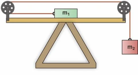 Two blocks linked by string over pulleys; one slides, one hangs freely Stock Illustration