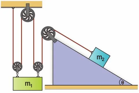 Two blocks on pulleys, one hangs, one on incline. Stock Illustration