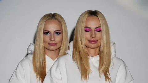 Two blondes in white clothes with bright makeup smile and open their eyes Stock Footage 199251119