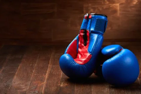 Two blue and red boxing gloves on brown wooden plank against wooden background. Stock Photos