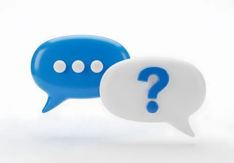 Two blue and white speech bubbles one with question mark symbol and dots co.. Stock Illustration
