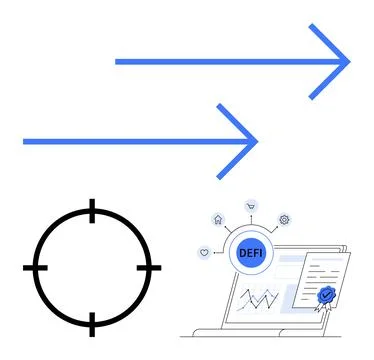 Two blue arrows, black target icon, laptop screen displaying DeFi document wi Stock Illustration