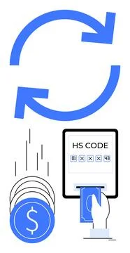 Two blue arrows indicating cycle above coins and hand entering HS code in tab Ilustração Stock