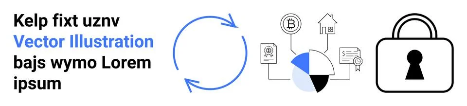 Two blue circular arrows, elements of data analytics, blockchain icons, secur Stock Illustration