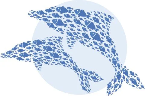 Two blue dolphin silhouettes composed of flat fish, logo, vector illustration Stock Illustration