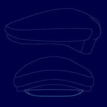 Two blue drawings of a hat. One is a close up of the top of the hat and the Stock Illustration