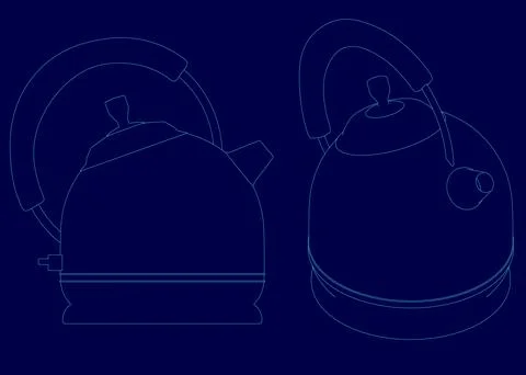 Two blue drawings of a teapot. One is a close up of the handle and the other is Illustration