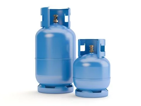 Two blue gas bottles on white background, 3D illustration Stockillustratie