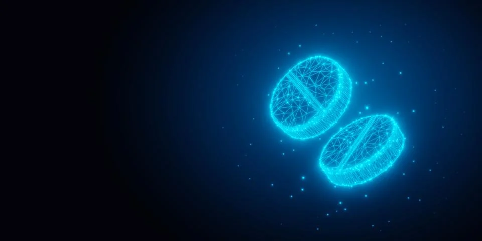 Two blue glowing low-poly wireframe pill tablets on black background with c.. Stock Illustration