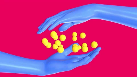 Two blue human hands holding floating spheres isolated on red background. Stock Footage 180898399