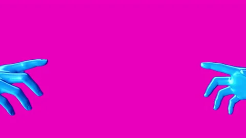 Two blue human hands reaching out to each other isolated on pink background. Stock Footage 180994463