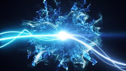 Two blue light streak breaks out on a black background with smoke and light p 스톡 일러스트