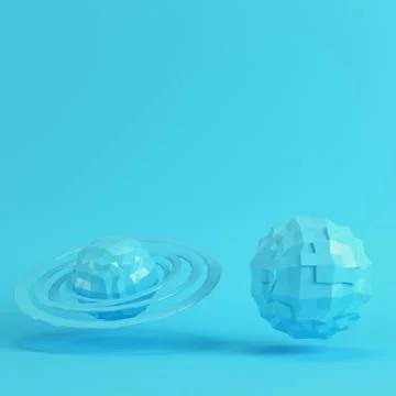 Two blue low poly planets on bright blue background in pastel colors 스톡 일러스트