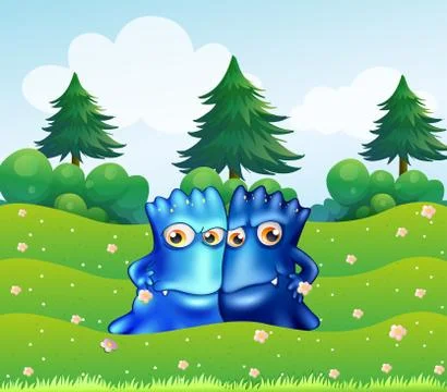 Two blue monsters at the hilltop with pine trees Stock Illustration