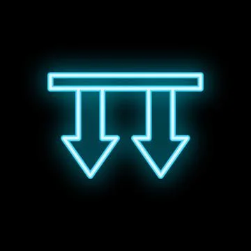 Two blue neon arrows pointing downwards from horizontal line on black backg.. Stock Illustration