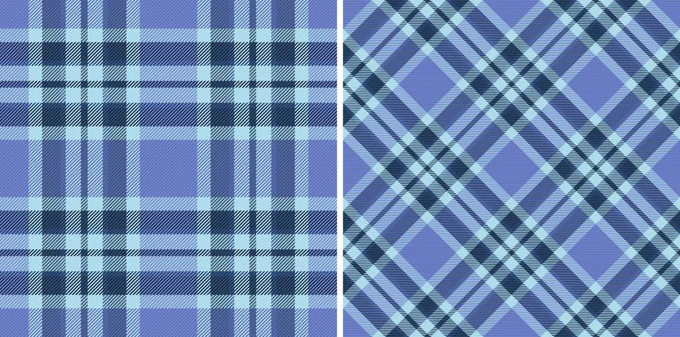 Two blue plaid patterns, one orthogonal, the other diagonal. Seamless, textil 스톡 일러스트