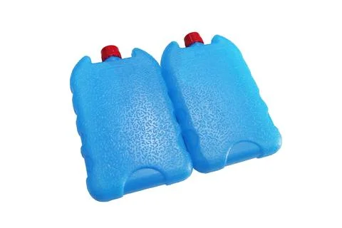 Two blue plastic ice pack containers with red caps isolated on a white back.. Stock Photos