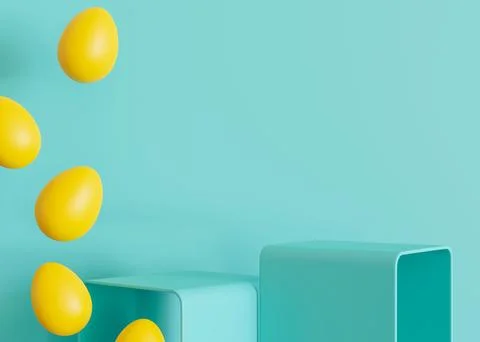 Two blue podiums with yellow Easter eggs and copy space. Vibrant stage for Illustrazione stock