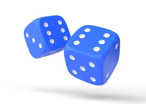 Two blue rolling gambling dice in Flight on a white background Stock Illustration