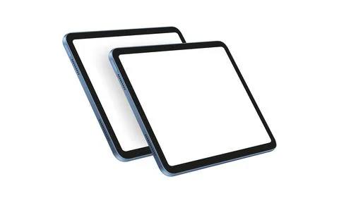Two Blue Tablet Mockups With Blank Screens, Perspective Side View Stock Illustration