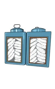 Two blue tin boxes with white Flower crackers inside. Indonesian food Stock Illustration