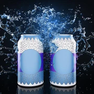 Two blue tin cans splashed with water. Refreshing drink. Advertising mockup. 3d Illustrazione stock