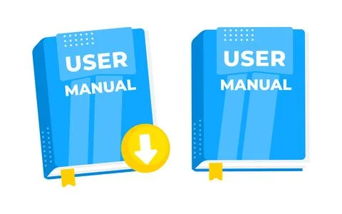 Two blue user manuals, one with a download symbol, illustrating the concept of Stock Illustration