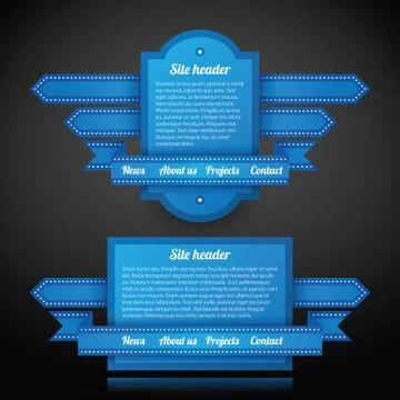 Two blue website headers with text and menu. Stock Illustration