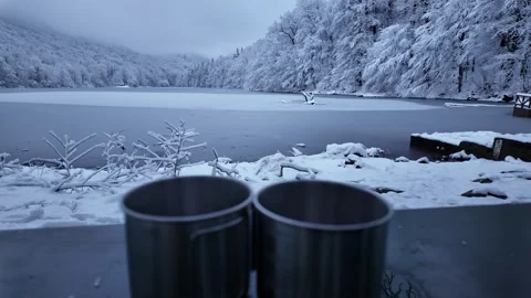 Two blurred steaming cups. Stock Footage 312871066