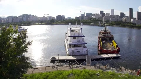 Two Boats Docked in Marina da Glória, Rio de Janeiro, Brazil, Tilting Up Video stock 158647832